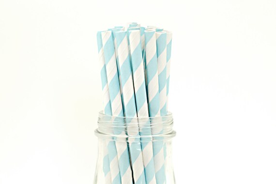 Set of 25 Baby Blue Striped Paper Straws with FREE DIY Printable Flags Il_570xn