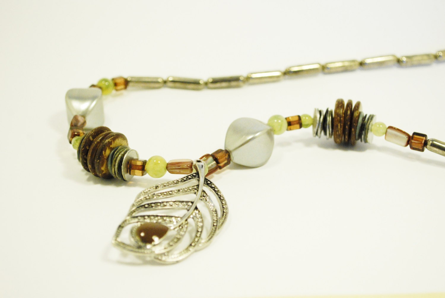 Feather necklace: Brown, silver and green beaded jewelry necklace. OOAK jewelry. Buy 2 get 1 FREE