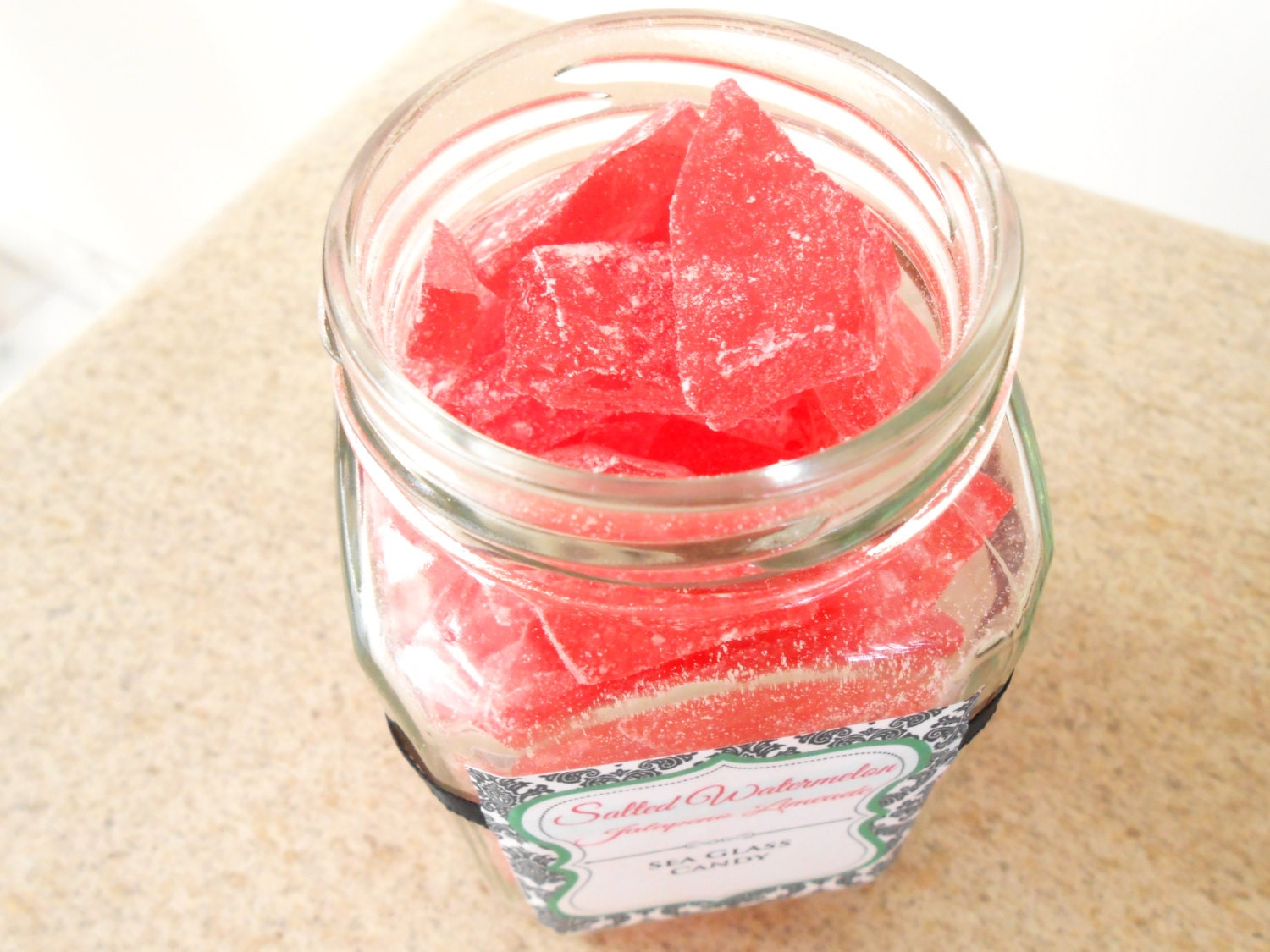 Salted Watermelon Jalapeno Limeade Sea Glass Candy in a Jar - Half-Pint - Summer Party Favors