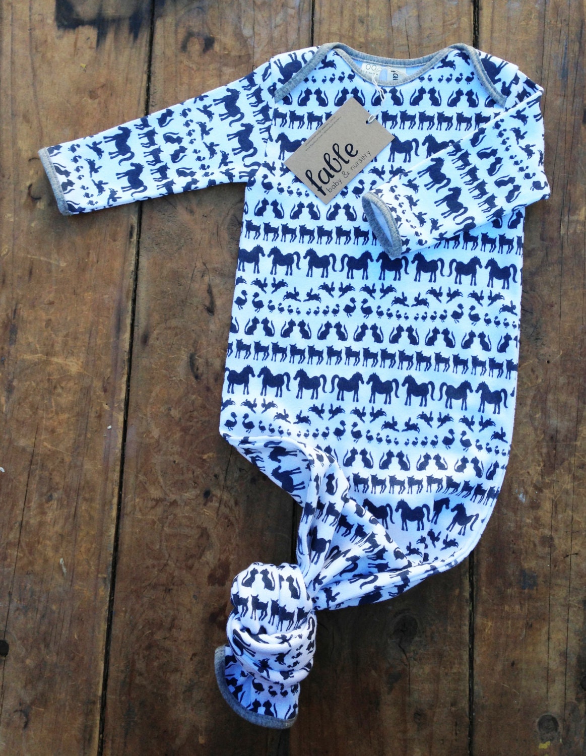 Organic Cotton Knottie Sleep Suit Onesie - Navy Animals on White