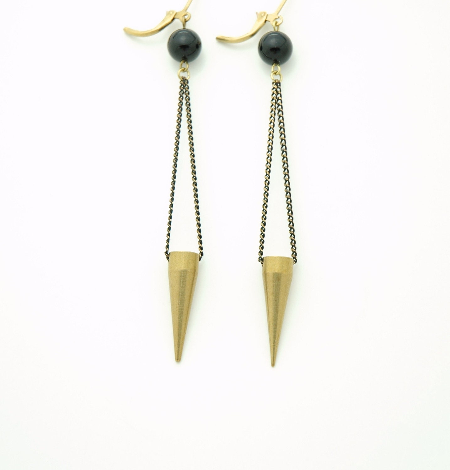 Raw Brass Spike Long Dangle Earrings -  Modern Brass Jewelry - Black Brass Chain - Black Onyx Stone Beaded Earrings