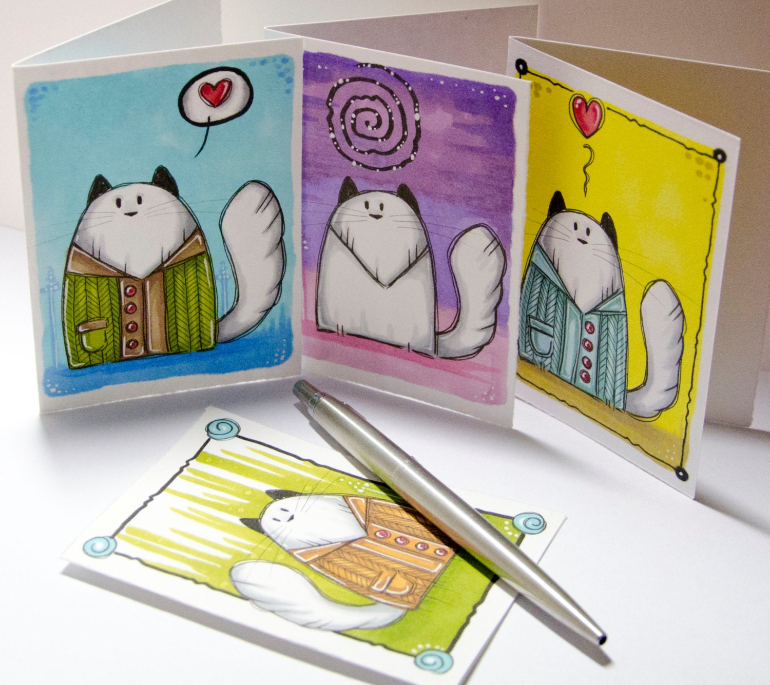 Set of 6, Cute mini Cat cards for Birthdays and such, Handmade, 3"x4,1" Envelopes included