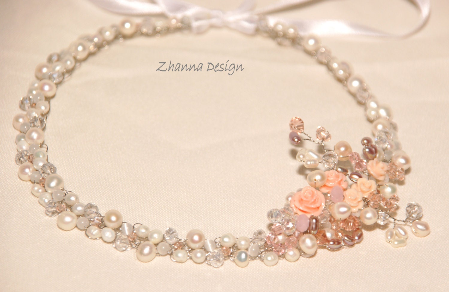 Bridal headpiece with freshwater pearls,pink,ivory and white roses and crystals,hair accessories,tiara headband handmade by Zhanna Design