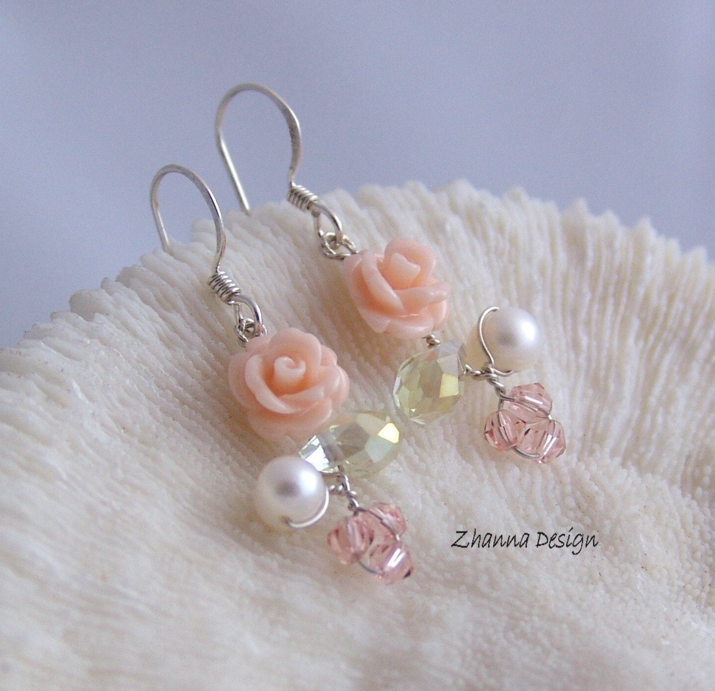 Sterling Silver Earrings with pink coral roses,swarovski crystals,freshwater pearls handmade by Zhanna Design.