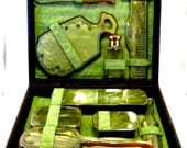 Vintage Antique Art Deco Windsor Pattern Arch Amerith Celluloid Boudoir Vanity 10 Piece Set Leather Traveling Case TREASURY ITEM