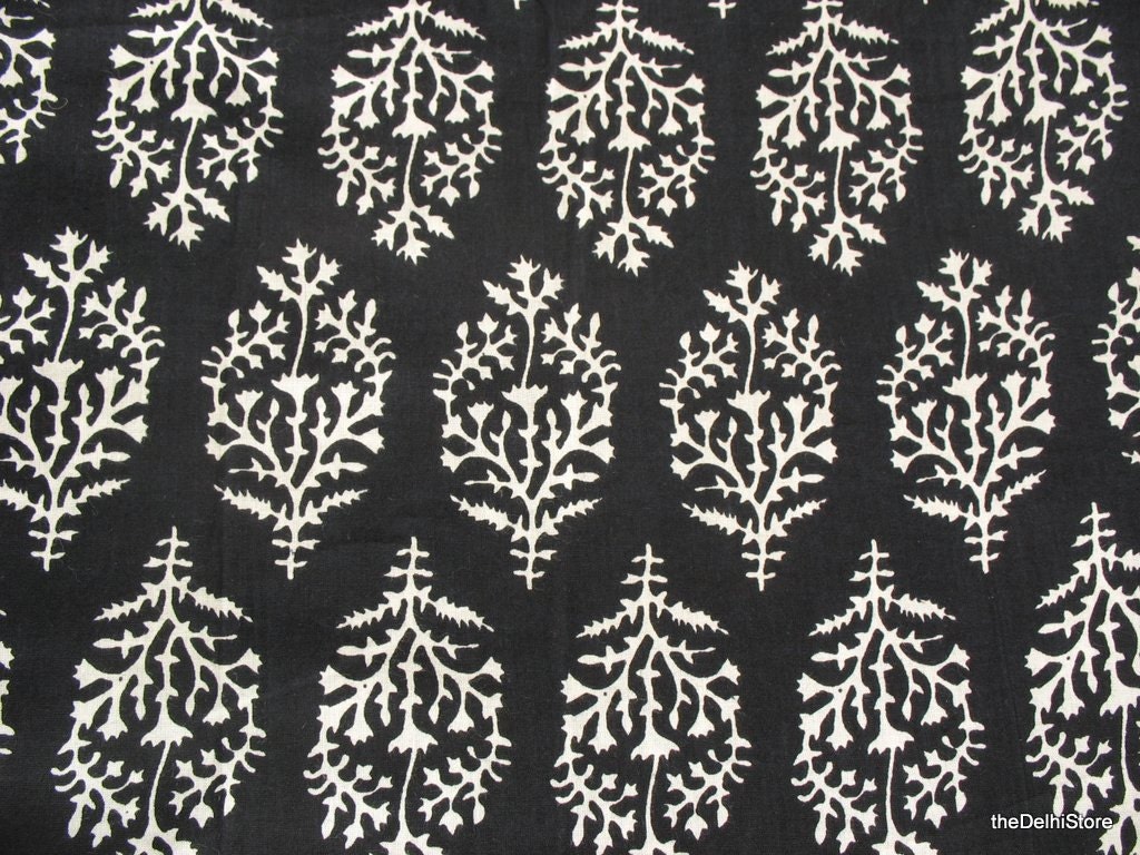 Black and White Pure Cotton Indian Block Print/ Stamped Fabric - Soft Cotton Border Fabric - theDelhiStore