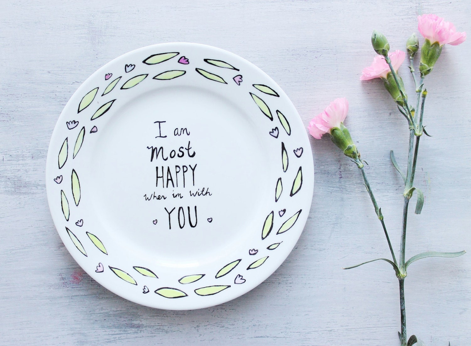 Hand Painted Plate with Flower Wreath and Happy Love Quote-Anniversary Gift