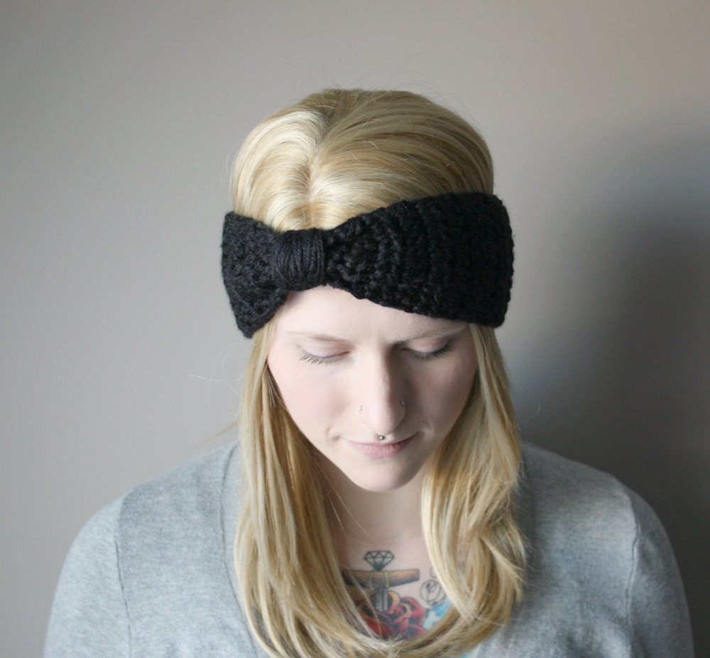 Spring Bow Head Band . Crochet Headband . Turband Ear Warmer - Black