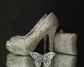 Fine 3mm Clear Crystals Peep Toe Heels & Clutch Bag Bridal Luxury Set