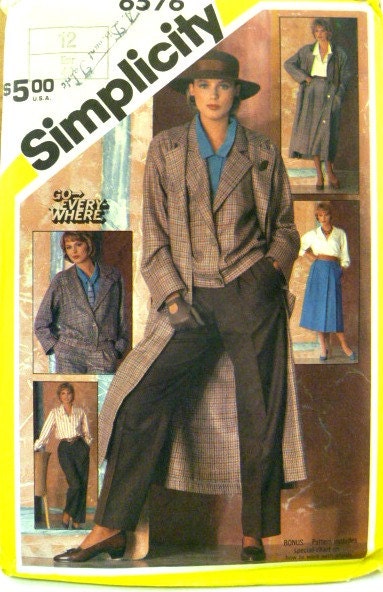 Vintage 80s Simplicity 6576 Pattern Unlined Coat or Jacket Blouse Skirt Pants Uncut Size 12 p5z