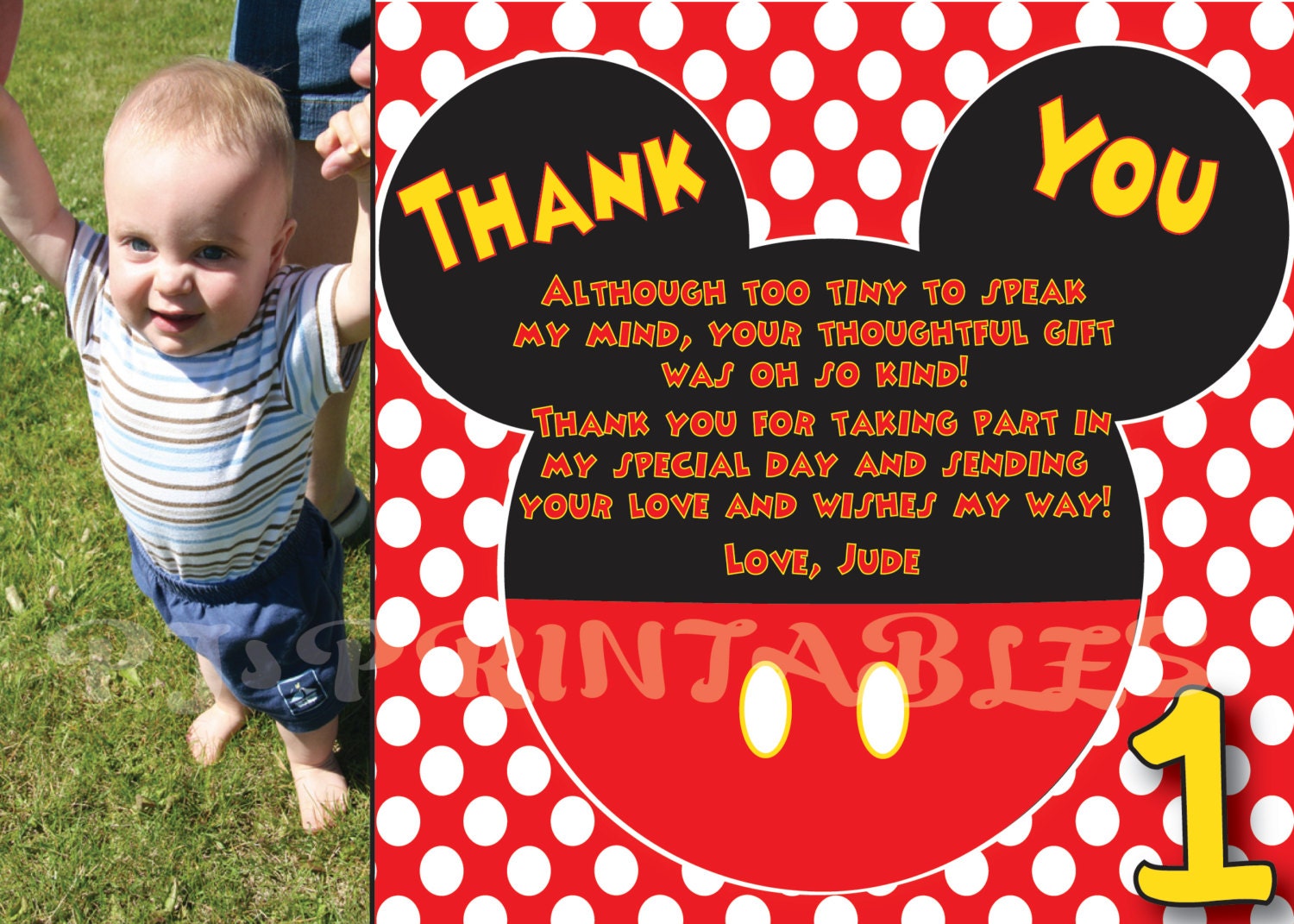 Mickey Mouse Polka Dot Thank You card - Custom Digital File Il_170x135