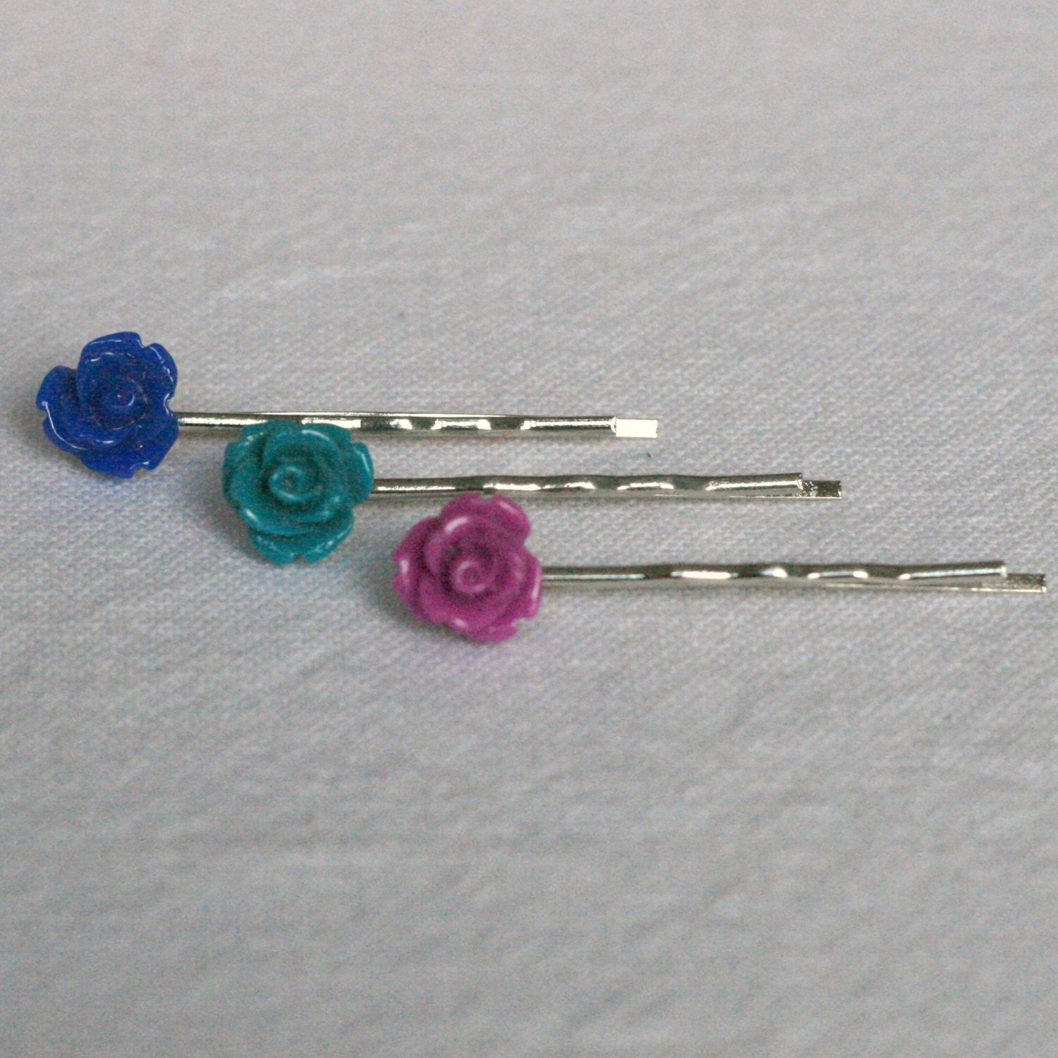 Coloured Flower Vintage Style Resin Cabochon Hairslide Set - Blue, Green, Purple