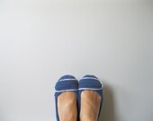 Handmade Crochet Womens House Shoes - Nautical Ballet Flat Style Slippers with Toe Strap Navy and White