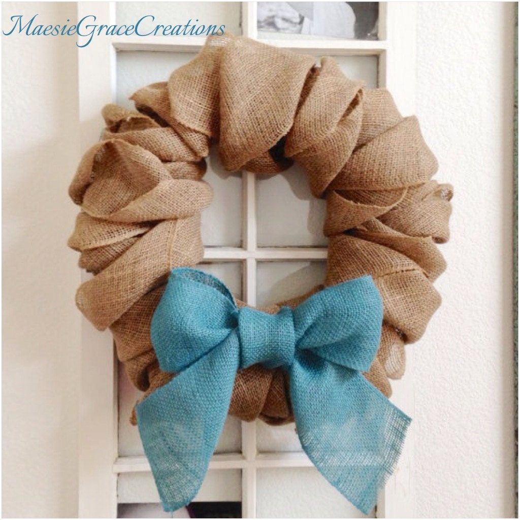 16 inch Burlap Wreath with Large Blue Burlap Bow