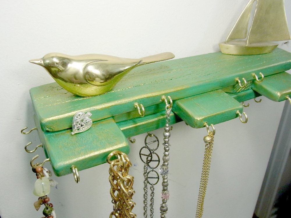 Green and Gold Jewelry Hanger Organizer Stacked Wood