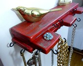 Industrial Jewelry Organizer Hanger Stacked Wood Red Distressed Black Hooks