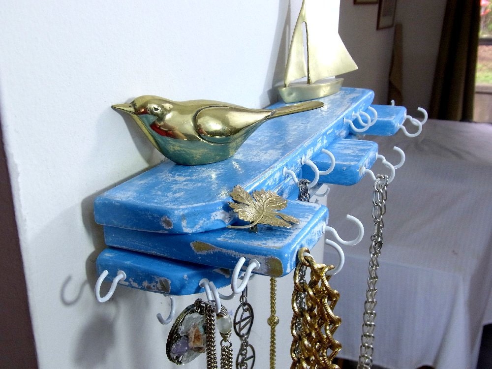 Jewelry Hanger Organizer Stacked Wood Blue Distressed Ocean Clouds