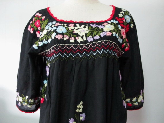 Mexican Embroidered Blouse 3/4 Sleeve Cotton Top In Black