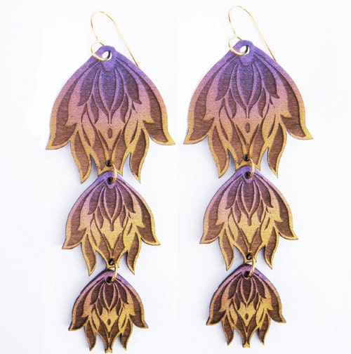 Gold and Purple Triple Lotus Lasercut Wooden Earrings Sustainable Lightweight