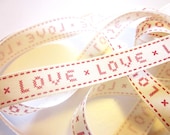 Cream and Red LOVE Cross Stitch Ribbon 15mm Wide x 1 Metre