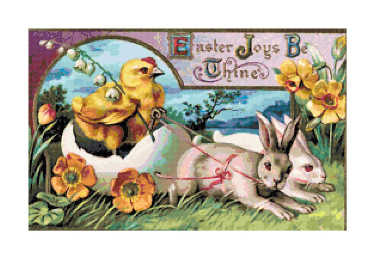 Easter Joys Be Thine - Handmade Vintage Ephemera PDF Cross-Stitch Pattern
