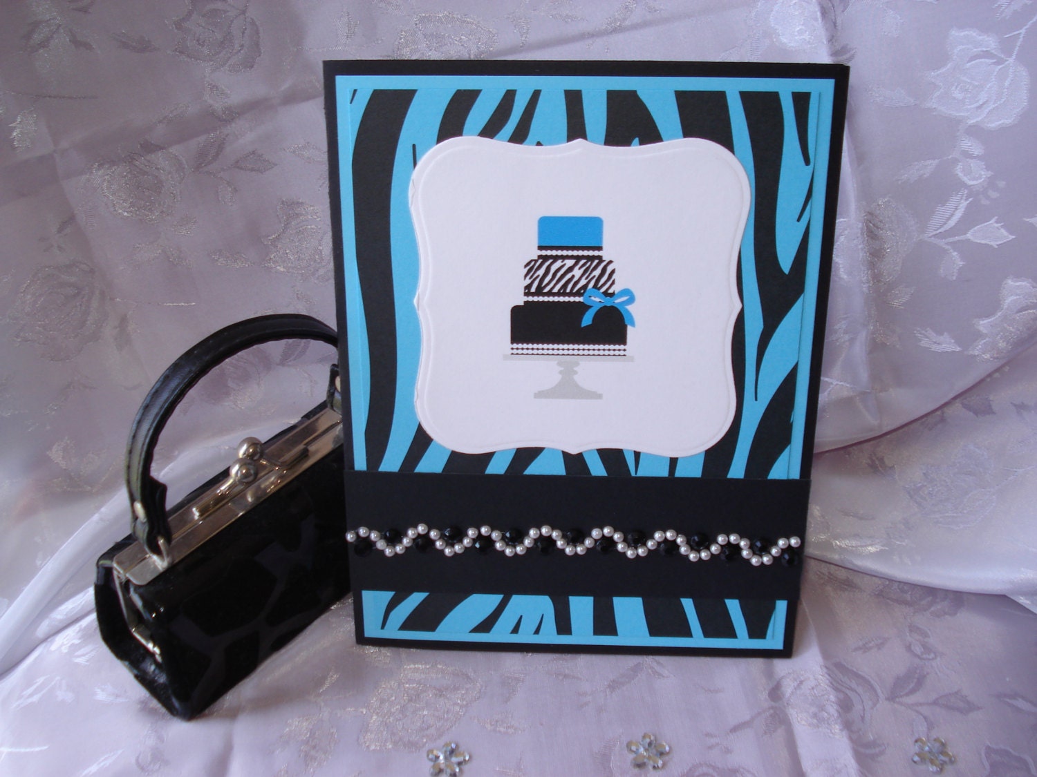 Turquoise Zebra Striped Birthday Card, Birthday Cake Card, Mom, Sister, Girl Friend, Rhinestone Card