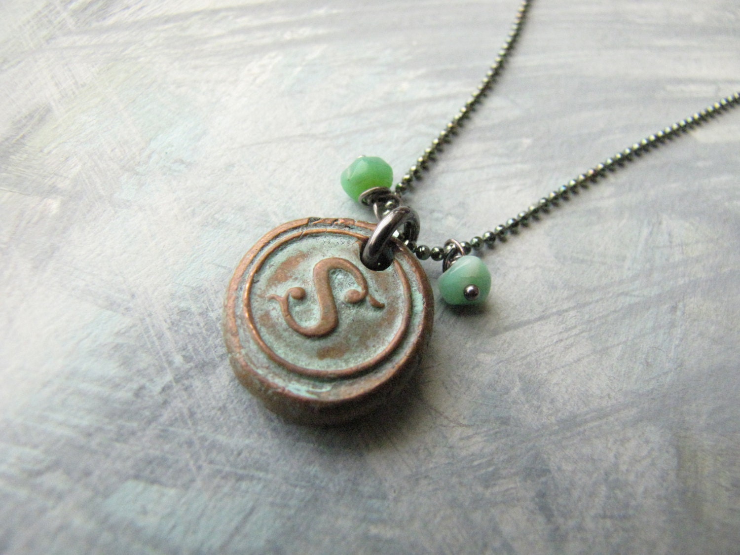 Copper Wax Seal  Initial Stamp with Aqua Patina and Turquoise -:-   Letter S - MossyCreekStudio