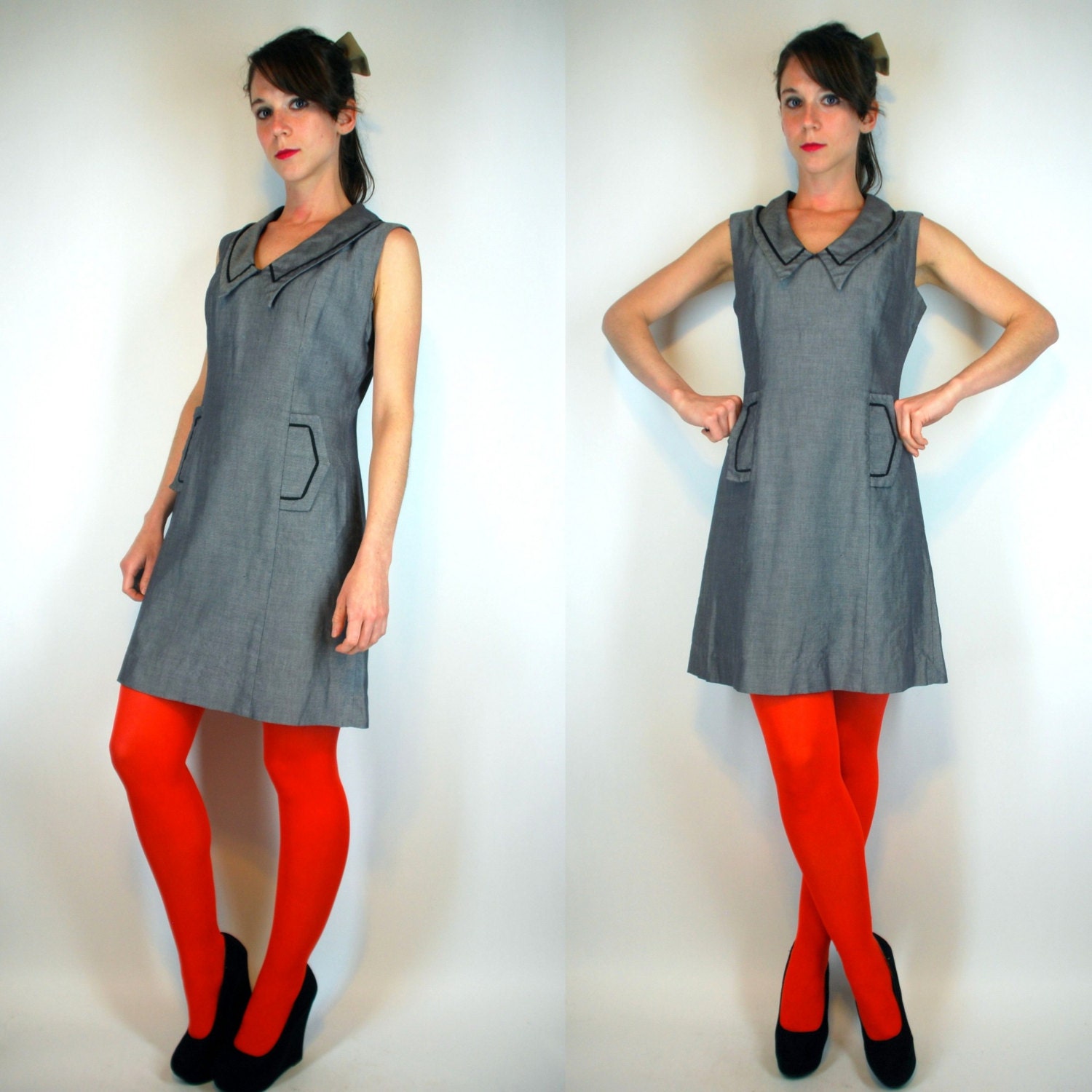 Vintage 50s Chambray Schoolgirl uniform MOD Mini swing Dress nautical Sailor Collared pockets Gray Mid Century iconic