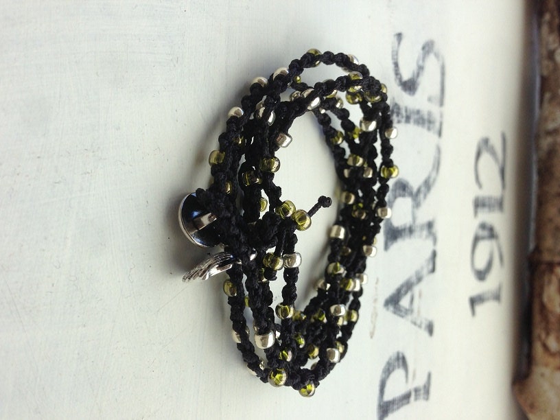 Beaded crochet wrap bracelet, ore necklace, boho, surfer girl, Beach Jewelry in black nylon thread, wrap 5x