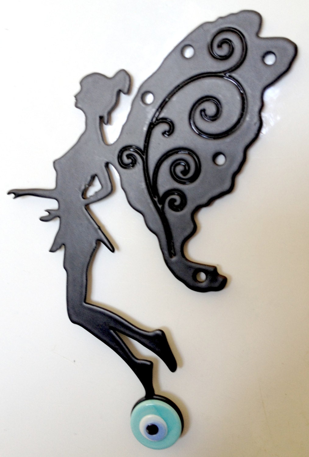 Metal Cut Fairy With Ivy Detailed Wings Magnet With Handmade Light Blue Evil Eye Bead, black