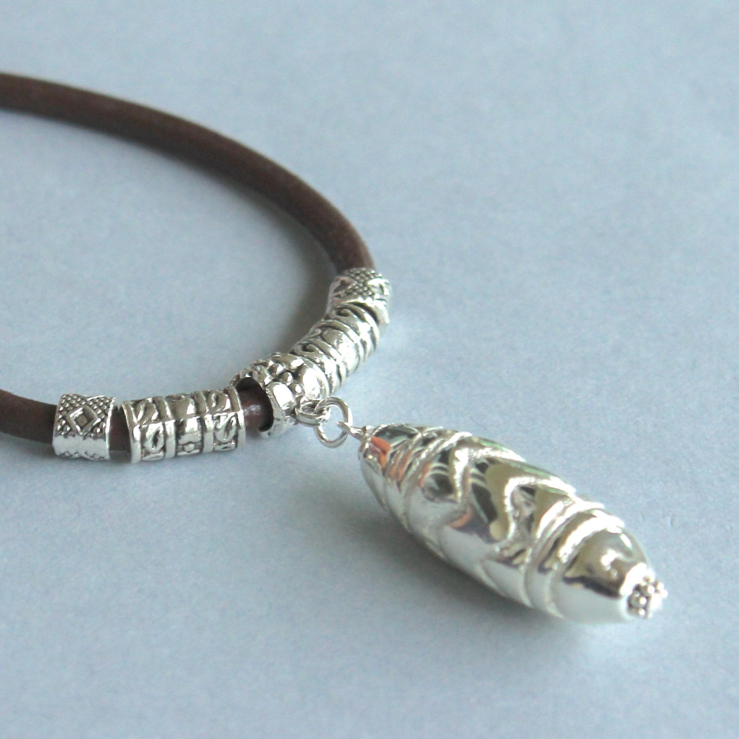 Boho Tibetan and GREEK LEATHER Men Necklace  - His or Hers Greek leather and Greek Silver Casting Barrel necklace - Wholesale Jewelry - Ref