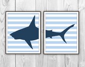 Nursery Shark Duo - Set of 2 Art Prints - Nautical Beach Bedroom Decor - Blue and Navy - other colors and sizes available