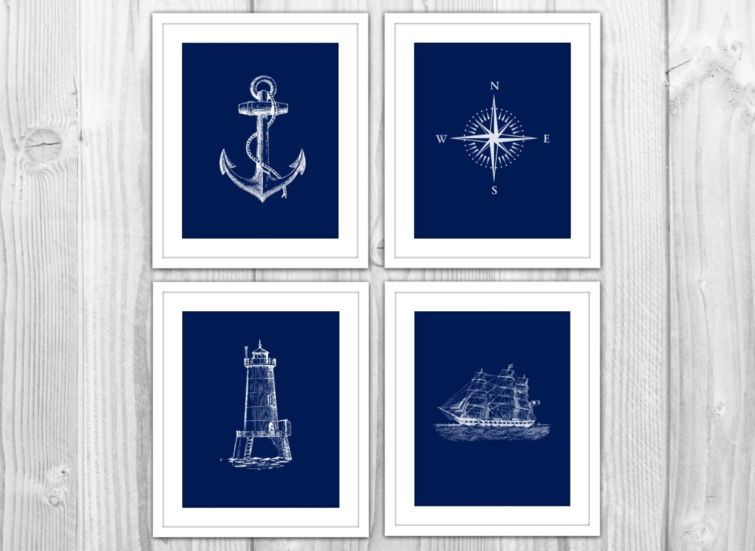 Navy Nautical Set of 4 Art Prints - Navy Blue & White Anchor, Compass, Lighthouse, Sail Boat Ship - Modern Beach House Bathroom Decor