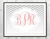Ombre Chevron Monogram Art Print - Coral Pink & Gray - Girl's Nursery, Bedroom, Bathroom - Dorm Room Decor - Graduation Gift