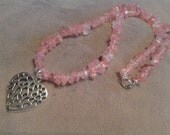 Pink Glass Bead Necklace with Silver Heart Pendant
