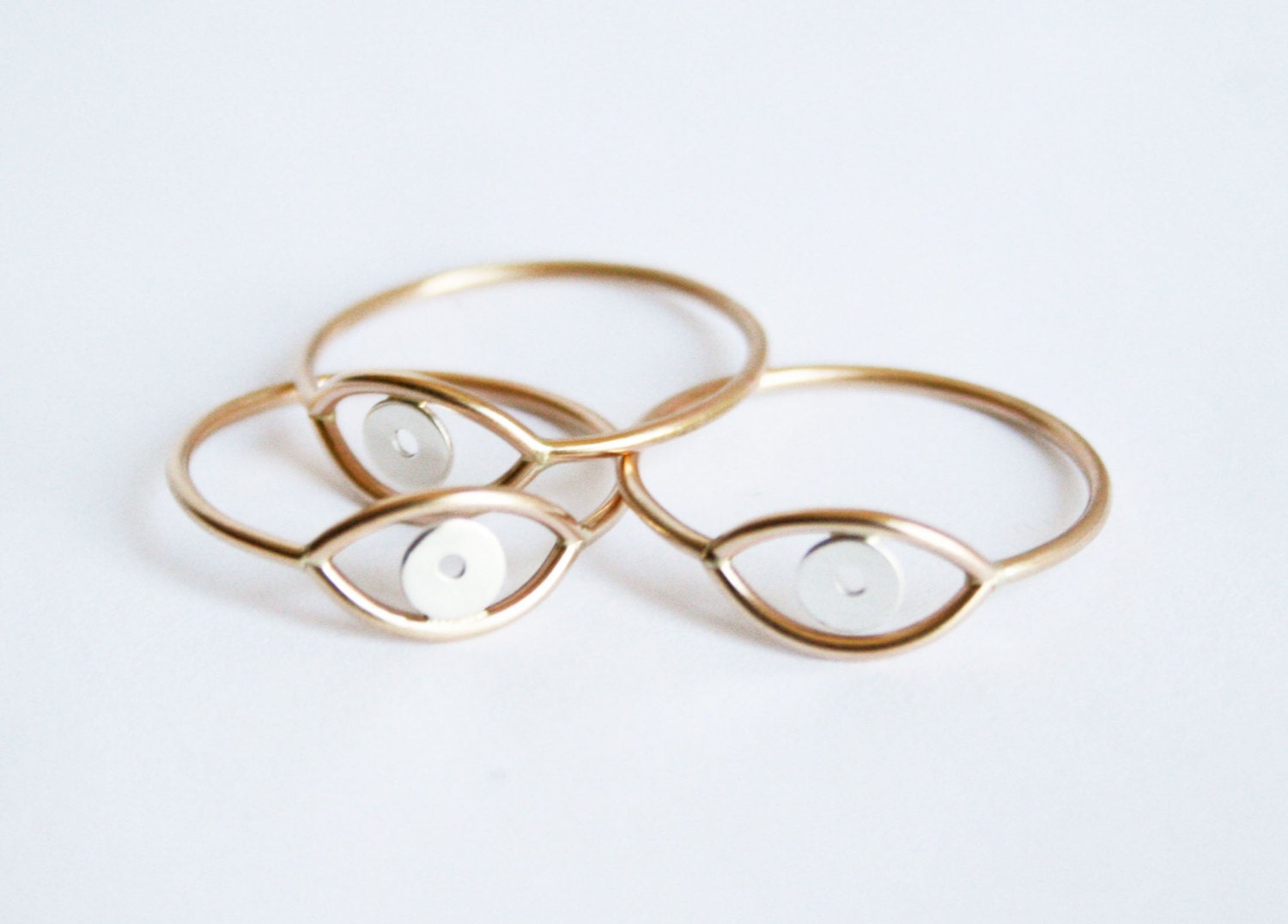 Gold Evil Eye Ring, Solid Gold Ring, Thin Ring, Simple Ring, 14 kt Gold and sterling silver, Gold and Silver Evil Eye Ring
