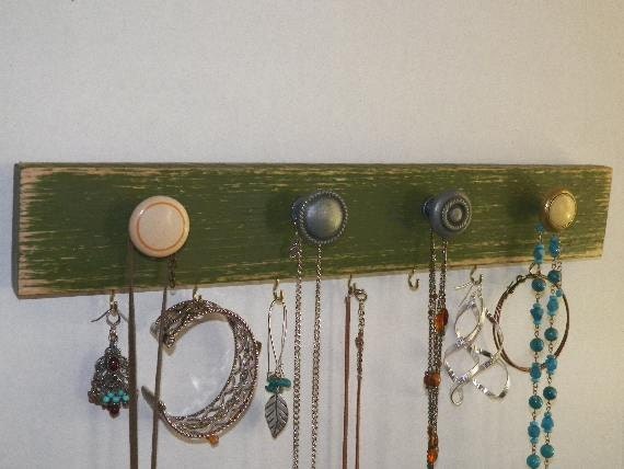 Jewelry Holder, Necklace Organizer, Distressed Green Wall Decor & Storage with 4 Vintage Knobs