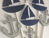12 Sailboat and Anchor Cupcake Toppers,Crabs,Sailboats,Anchors,Nautical First Bithday,Boy Baby Shower, Nautical Baby,Nautical Bridal Shower