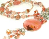 Spring Peach Wire Wrapped Crystal Clusters with Pendant Drop Beaded Statement Necklace-OOAK