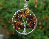 Autumn Tree of Life Necklace Pendant - Wire Wrapped Tree of Life Jewelry - Baltic Amber and Garnet
