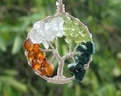Sterling Silver Four Seasons Tree - Tree of Life Pendant - Made to Order - Quartz, Baltic Amber, Peridot, Malachite