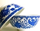 2/ Blue & white bowl footed rice bowl Japan vintage Japanese serving   housewares  home decor  mid century  Collectable