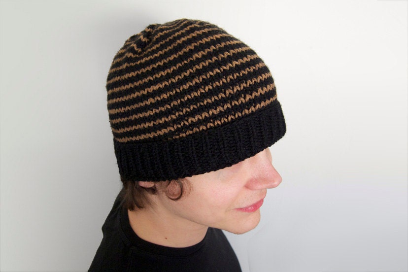 hand knit vegan friendly slouch beanie -- black with tan stripes