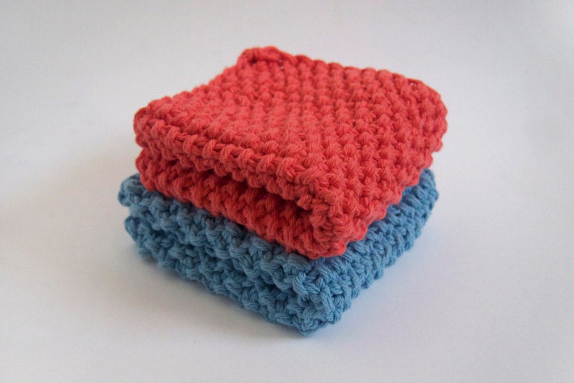 hand knit plushy cotton washcloth set in coral pink and light baby blue