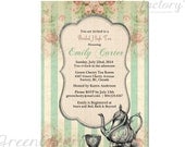 Tea Party Invitation - Bridal Baby Shower Birthday Tea Party Invites Mint Green Summer High Tea Spring Floral- No.42