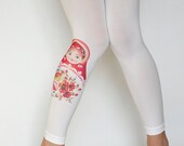 White Pantyhose Tights,Red Russia Babushka Matryoshka,Flowers Print  Leggings, Clothing Russian Doll  Tights  Handmade