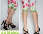 White Unique Tulip Design Tights,Stretch Womens Legging,Pink Green Print Flowers,Tattoo Leggings,Clothing Tights Handmade