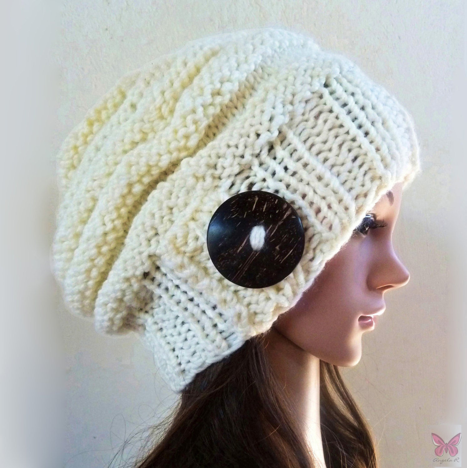 Slouchy beanie hat - CREAM - with button - hand knit - womens teen girls Winter accessories - Wool Woolen