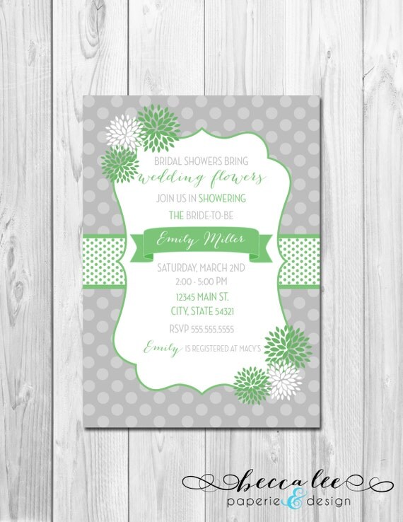 Bridal Shower Invitation - Polka Dots & Pom Pom Flowers - Green, White, Grey - DIY - Printable Il_570xn
