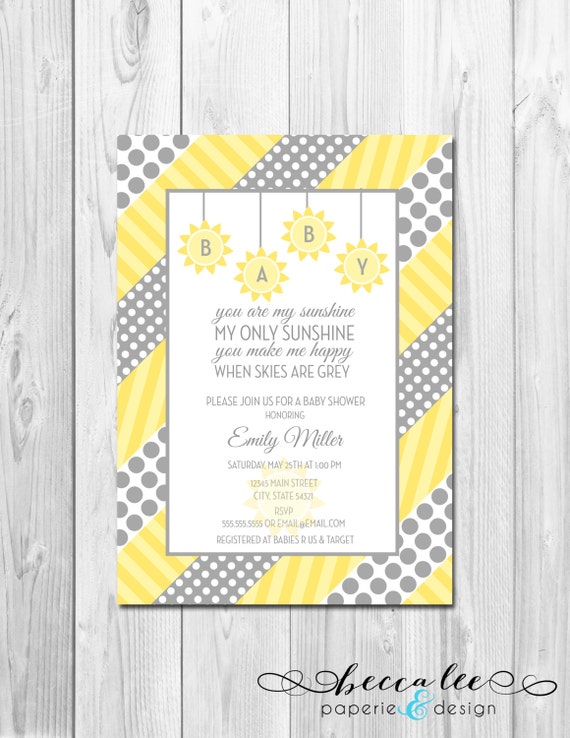 You Are My Sunshine Baby Shower Invitation - Grey and Yellow Polka Dots and Stripes - DIY - Printable Il_570xn